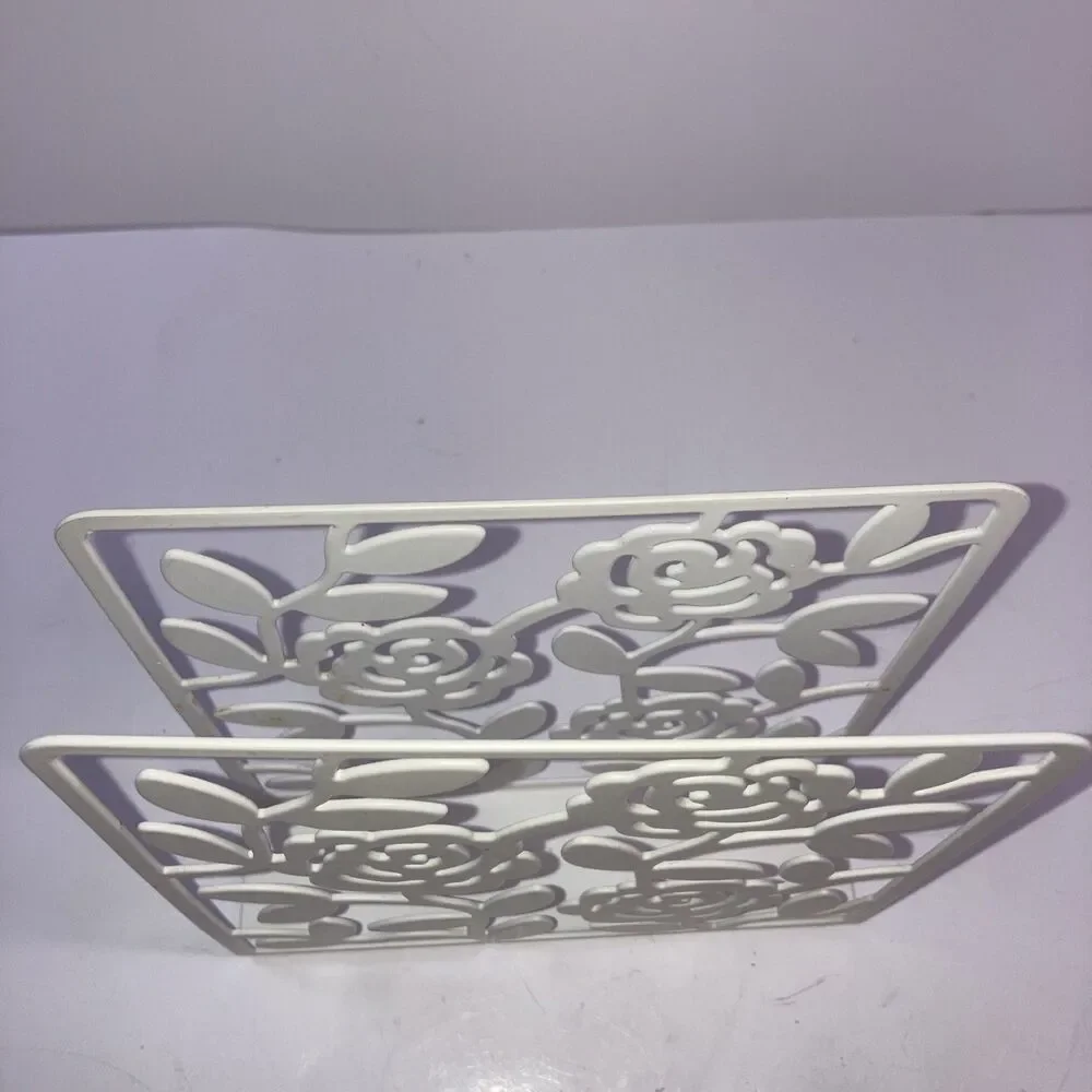 White Metal Rose Floral Napkin Holder Cottage Farmhouse Shabby Chic Decor